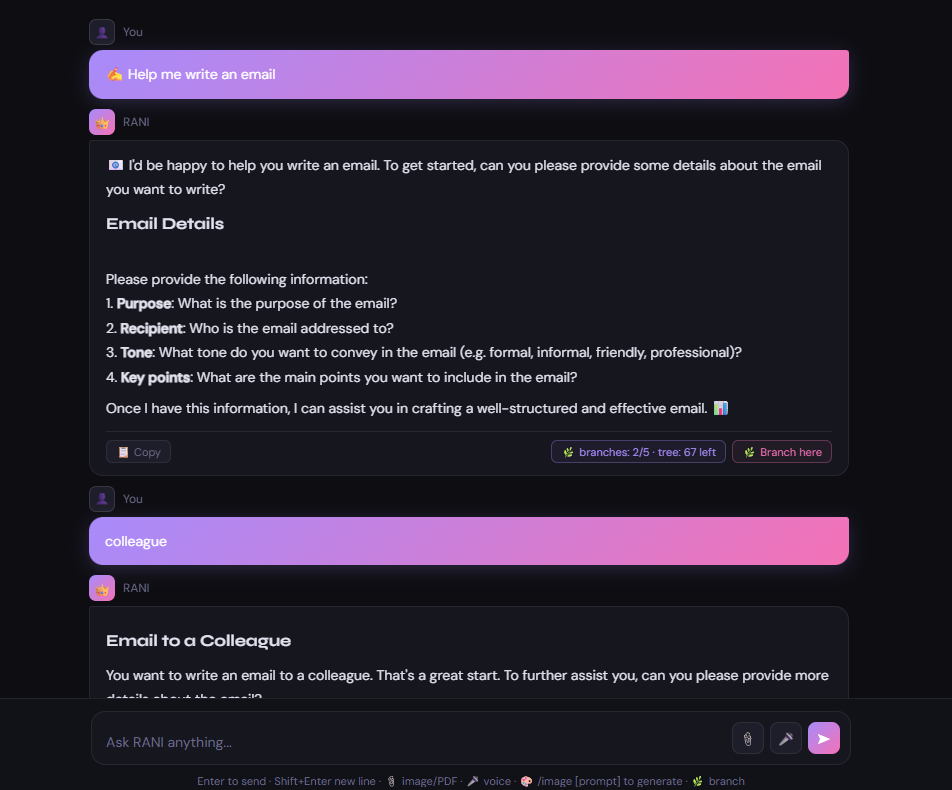 RANI Chat Interface with Branching